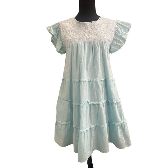 J MARIE BLUE & WHITE TIERED EMBROIDERED DRESS SIZE: S - Picture 2 of 8